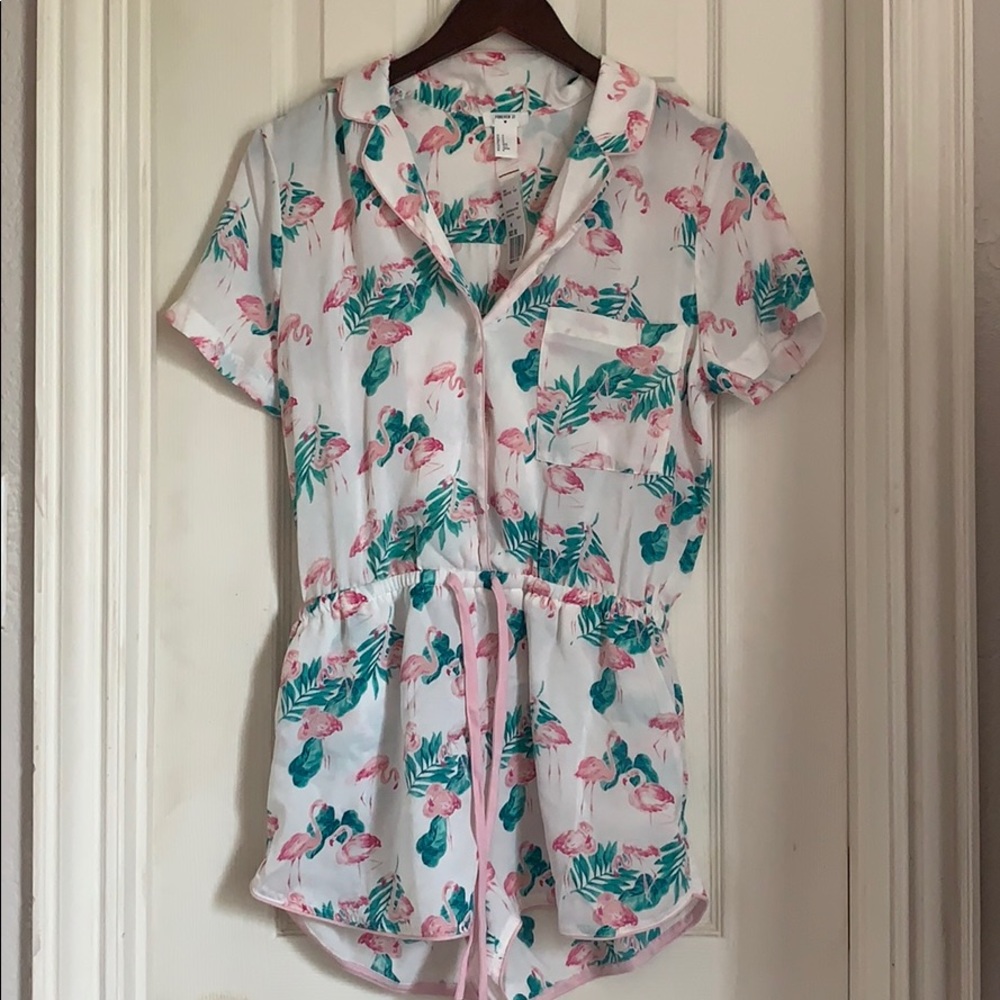 F21 - flamingo palm print romper